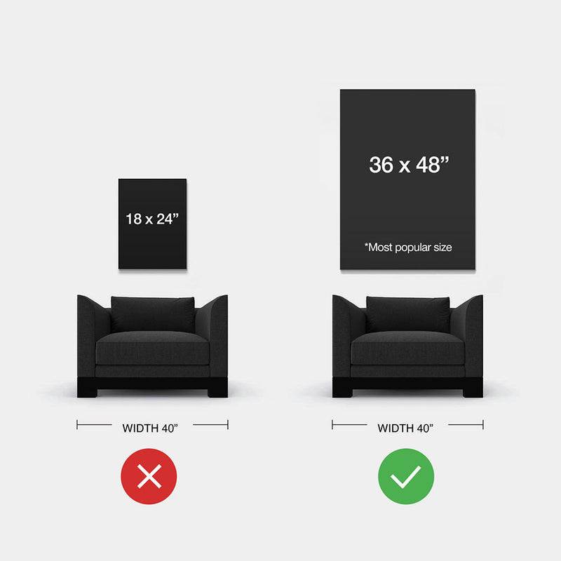 Portrait canvas size comparison on wall