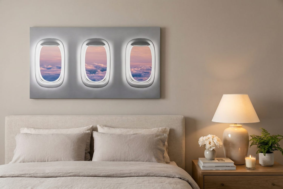 Above bed wall art: a Window Seat clouds canvas over an upholstered headboard with a bedside lamp