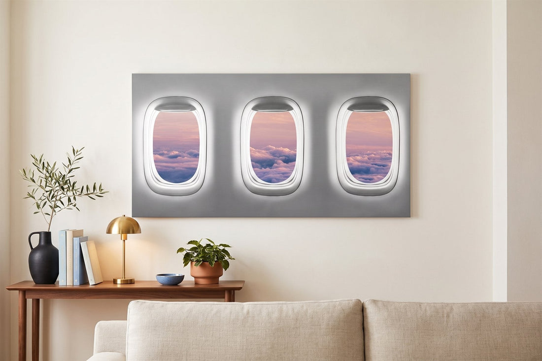 Above couch wall art: an aerial window-seat canvas above a linen sofa with a console, lamp and plant
