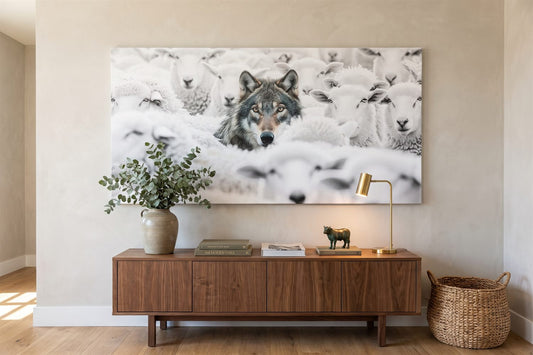 Animal symbolism: an Among The Sheep wolf canvas in a bright study with eucalyptus, a bronze bull and a brass lamp