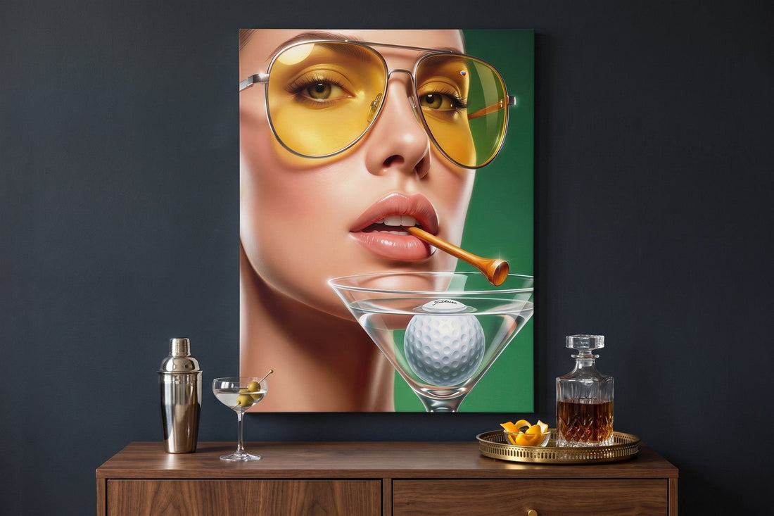 Bar wall art: a cocktail canvas in a dark home bar with a shaker, a martini and a decanter