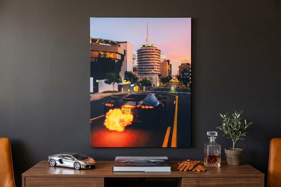 Car wall art: a Fire Lane supercar canvas above a walnut console with a model car and whisky decanter