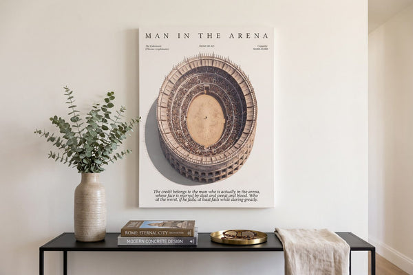 Colosseum facts: a Man In The Arena Rome canvas in a bone-white hallway with a eucalyptus vase and brass tray