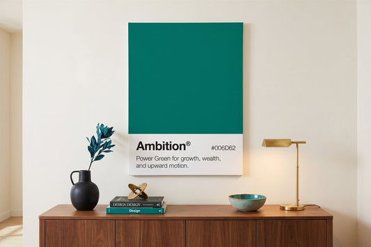 Contemporary wall art: an Ambition colour-swatch canvas in a bright modern room with teal accents