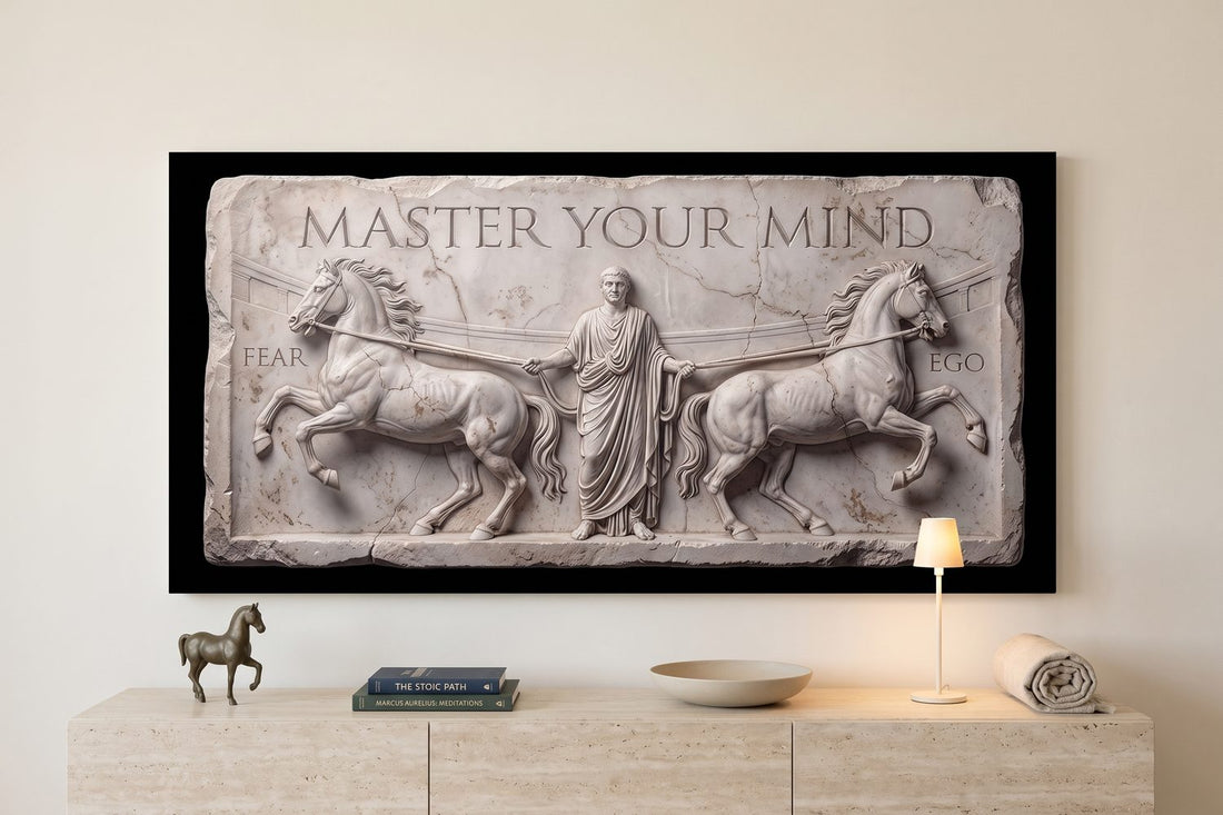 Dichotomy of control: a Master Your Mind Slab canvas in an ivory living room with a travertine console and bronze horse