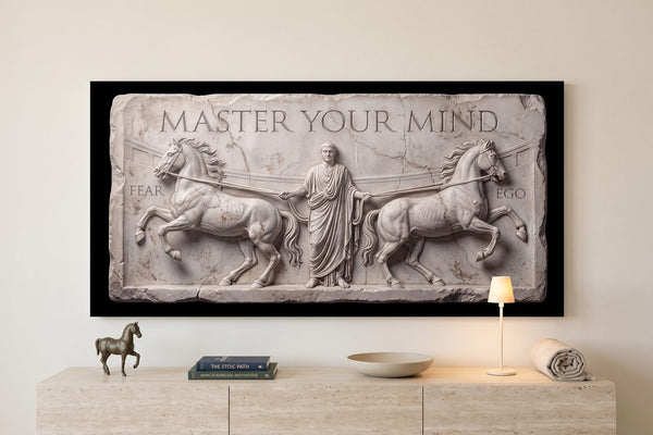 Dichotomy of control: a Master Your Mind Slab canvas in an ivory living room with a travertine console and bronze horse