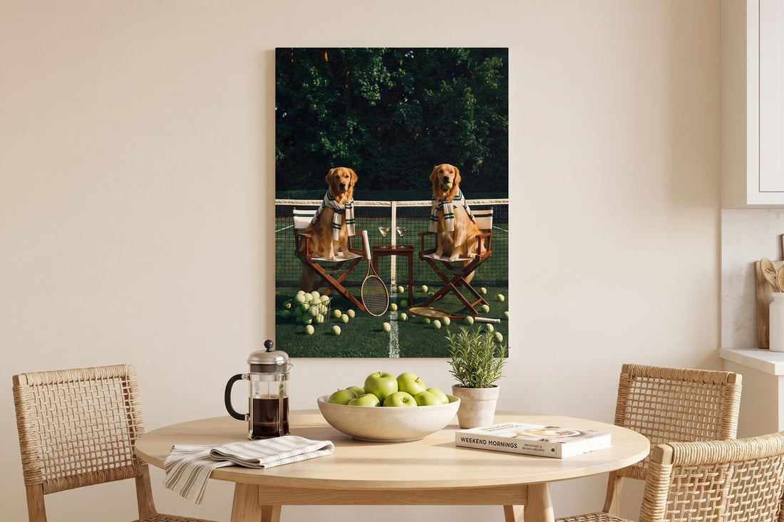 Dog symbolism: a Puppy Tennis Relax canvas in a sunlit breakfast nook with a French press and a bowl of apples