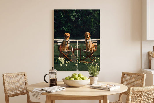 Dog symbolism: a Puppy Tennis Relax canvas in a sunlit breakfast nook with a French press and a bowl of apples