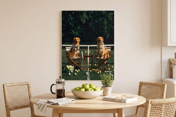 Dog symbolism: a Puppy Tennis Relax canvas in a sunlit breakfast nook with a French press and a bowl of apples