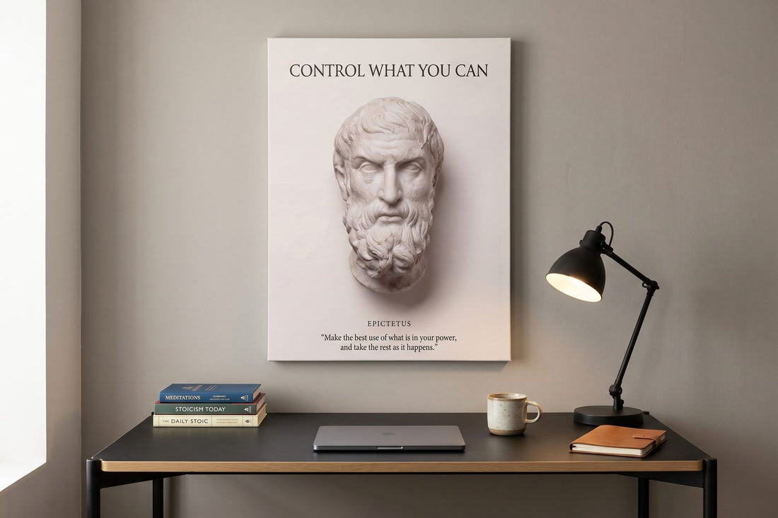 Epictetus quotes: an Epictetus Control What You Can canvas in a stone-gray home office with a laptop and coffee mug