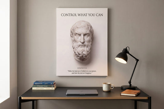 Epictetus quotes: an Epictetus Control What You Can canvas in a stone-gray home office with a laptop and coffee mug