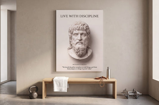 Four Stoic virtues: a Musonius Rufus Live With Discipline canvas in a home gym with a kettlebell and folded towel
