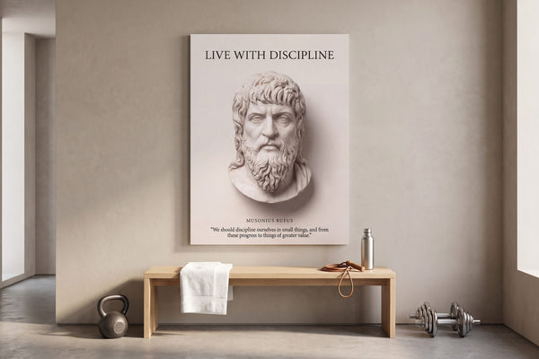 Four Stoic virtues: a Musonius Rufus Live With Discipline canvas in a home gym with a kettlebell and folded towel