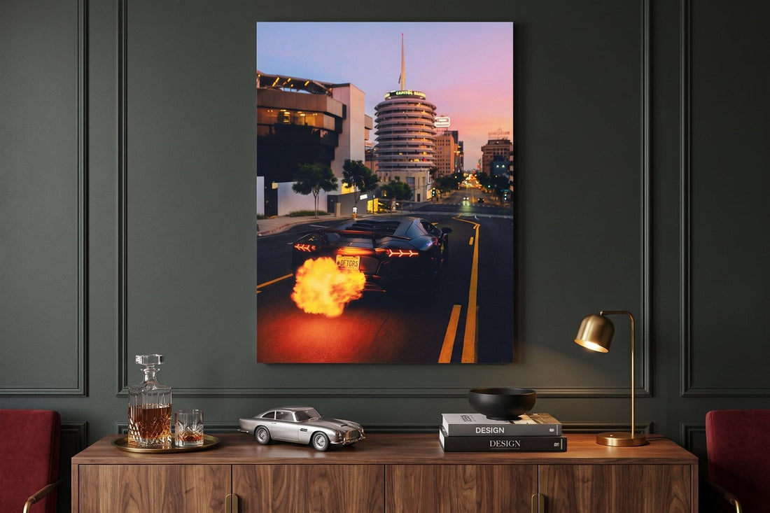 Game room wall art: a supercar canvas in a charcoal games lounge with a whisky decanter and a model car