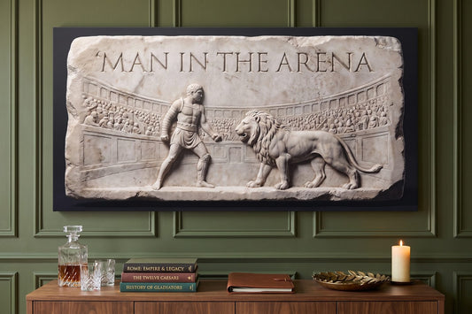 Gladiator meaning: a Man In The Arena Slab canvas in an olive-green study with a decanter and stacked history books