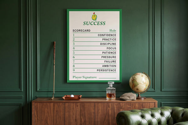 Golf scoring terms: a Success Scorecard canvas in a green paneled study with a putter and a vintage globe