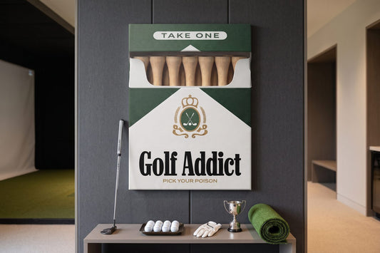 Golf simulator room ideas: a Golf Addict canvas on an acoustic side wall with a putter and golf balls