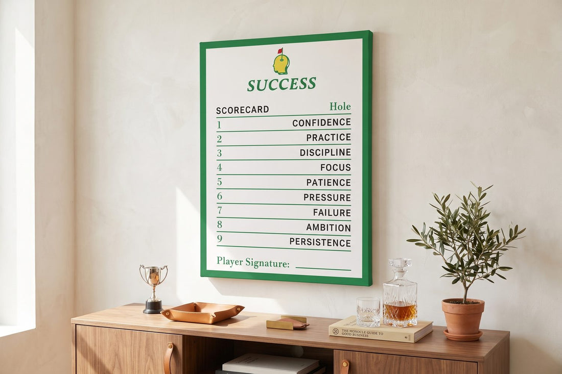 Golf wall art: a Success Scorecard mindset canvas in a bright home office with a trophy and decanter