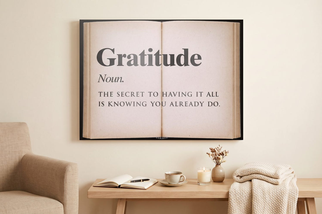 Gratitude quotes: a Gratitude Open Book canvas in a cream reading nook with an open journal and a cup of tea