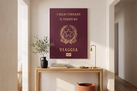 Hallway wall art: a travel passport canvas in a bright corridor with an olive plant and a woven basket