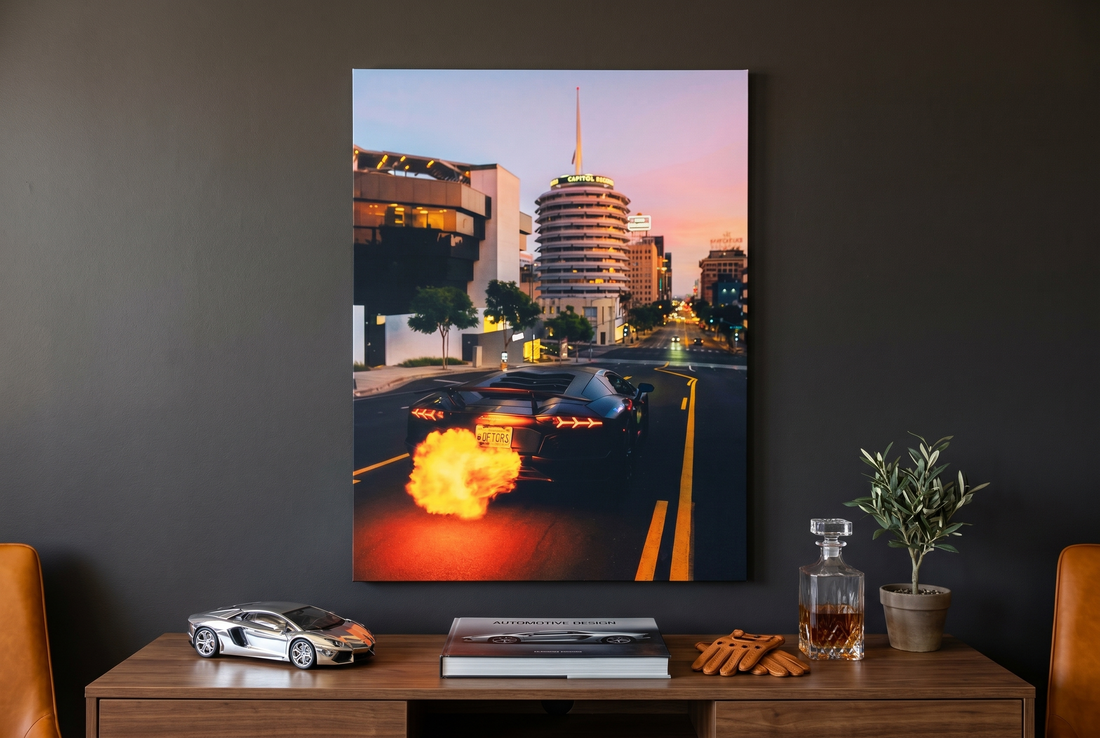 Car wall art: a Fire Lane supercar canvas above a walnut console with a model car and whisky decanter