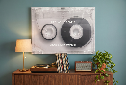 Music wall art: a No Rewind cassette canvas above a credenza with a turntable and vinyl records