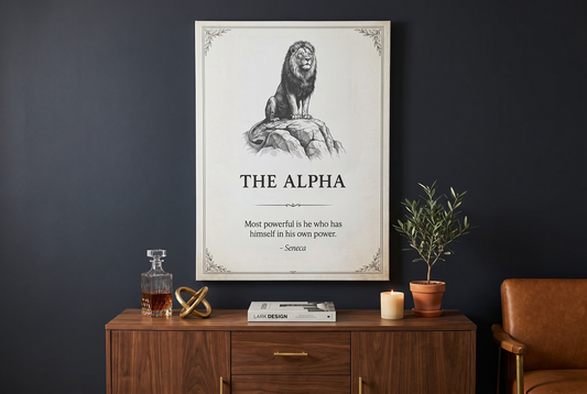 Masculine wall art: The Alpha lion canvas in a charcoal study with a whisky decanter and books