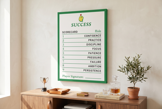 Golf wall art: a Success Scorecard mindset canvas in a bright home office with a trophy and decanter