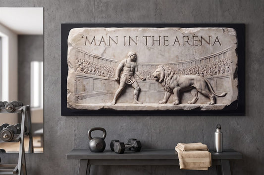 Home gym decor ideas: Man In The Arena marble relief canvas on a gym wall above a kettlebell and dumbbells
