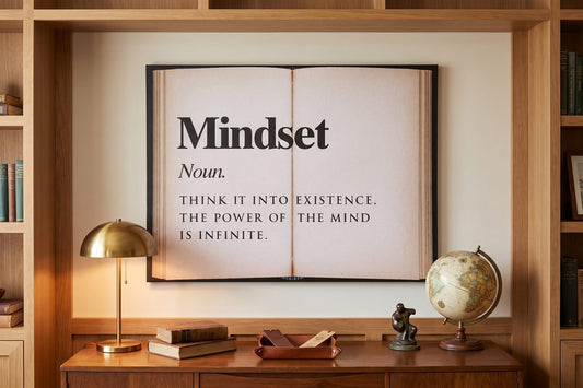Home library ideas: a Mindset Open Book canvas in a wood-paneled library with a brass lamp and globe