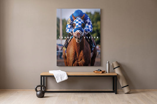 Horse symbolism: a Secretariat Tunnel Vision canvas in a home gym anteroom with a kettlebell and a steel bottle