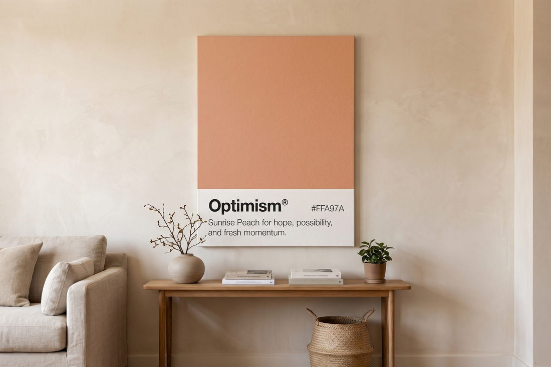 How to arrange wall art: an Optimism Palette canvas above a console beside a sofa with open wall space