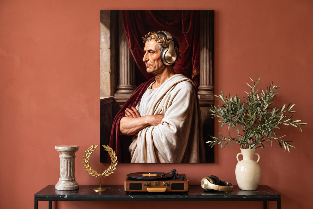 Julius Caesar quotes: a Caesar On Repeat canvas in a terracotta room with a laurel wreath and a record player