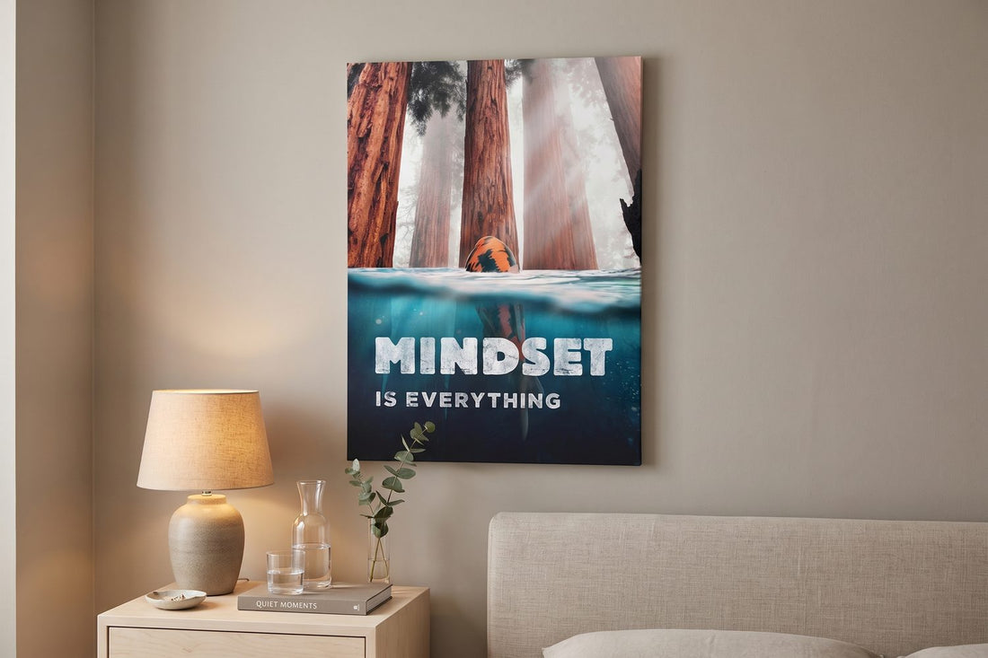 Koi fish meaning: a Mindset Is Everything Koi Edition canvas by a bedroom nightstand with a lamp and a glass carafe