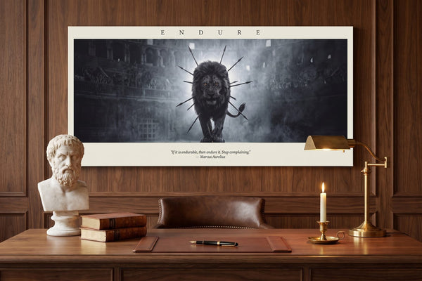 Lion symbolism: an Endure The Arena lion canvas in a wood-paneled library with a marble bust and a brass lamp