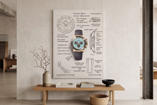 Loft decor ideas: The Azure Design canvas on a pale plaster loft wall above a slatted oak bench and stoneware vase