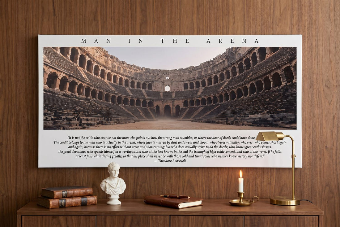 Man in the Arena quote: a Man In The Arena Dust canvas in a walnut-panelled study with a marble bust and brass lamp