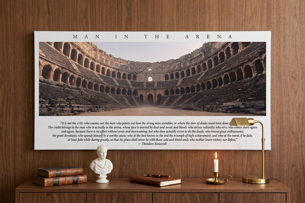 Man in the Arena quote: a Man In The Arena Dust canvas in a walnut-panelled study with a marble bust and brass lamp