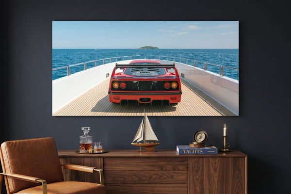 Man cave wall art: a Yacht Cruising canvas in a dark lounge with a cognac leather chair, whisky decanter and model sailboat
