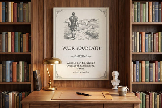 Marcus Aurelius quotes: a Walk Your Path canvas in a walnut scholar's library with a brass desk lamp and Meditations