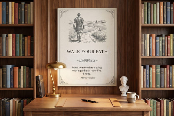 Marcus Aurelius quotes: a Walk Your Path canvas in a walnut scholar's library with a brass desk lamp and Meditations