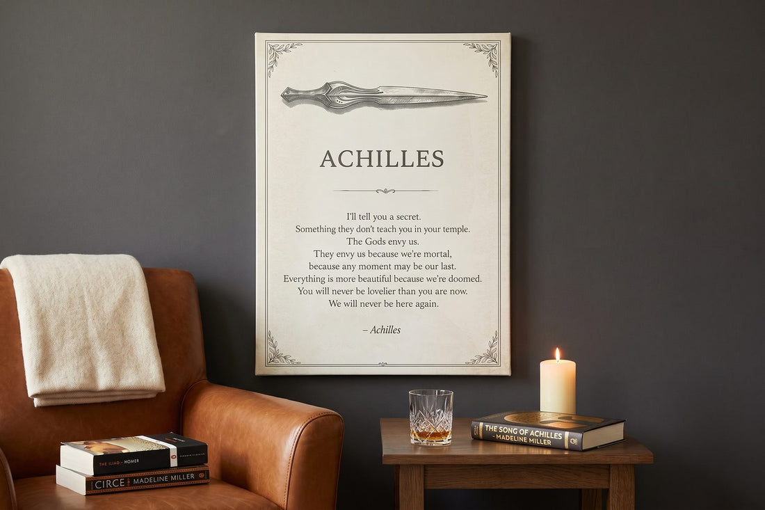 Memento mori: a Doomed Achilles canvas in a charcoal reading corner with a leather armchair and lit candle