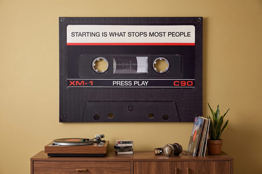 Music quotes: a Press Play cassette canvas in a mustard retro living room with a turntable and vinyl records