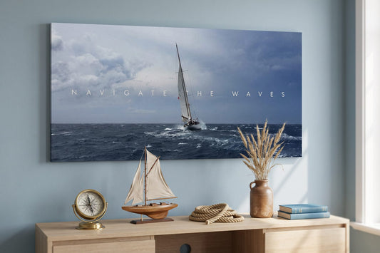 Ocean quotes: a Navigate the Waves canvas in a coastal blue living room with a ship's compass and a model sailboat