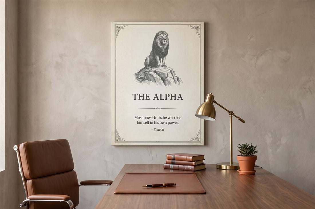 Office decor ideas: The Alpha lion motivational canvas above a walnut desk with a brass lamp and books