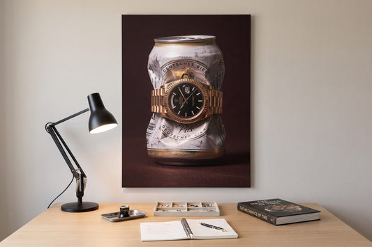 Parts of a watch: an Only Monday watch canvas above a watchmaker's oak worktable with a task lamp and a loupe tray