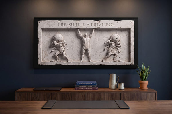 Premeditatio malorum: a Pressure Is A Privilege Slab canvas in a navy executive office with a walnut credenza and books