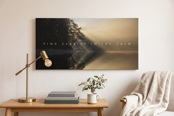Reading nook ideas: a Find Clarity In The Calm canvas above an oak side table with a brass reading lamp