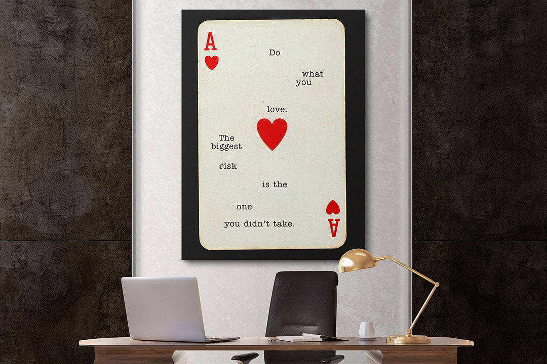 home office wall art bold canvas print behind desk minimal setup