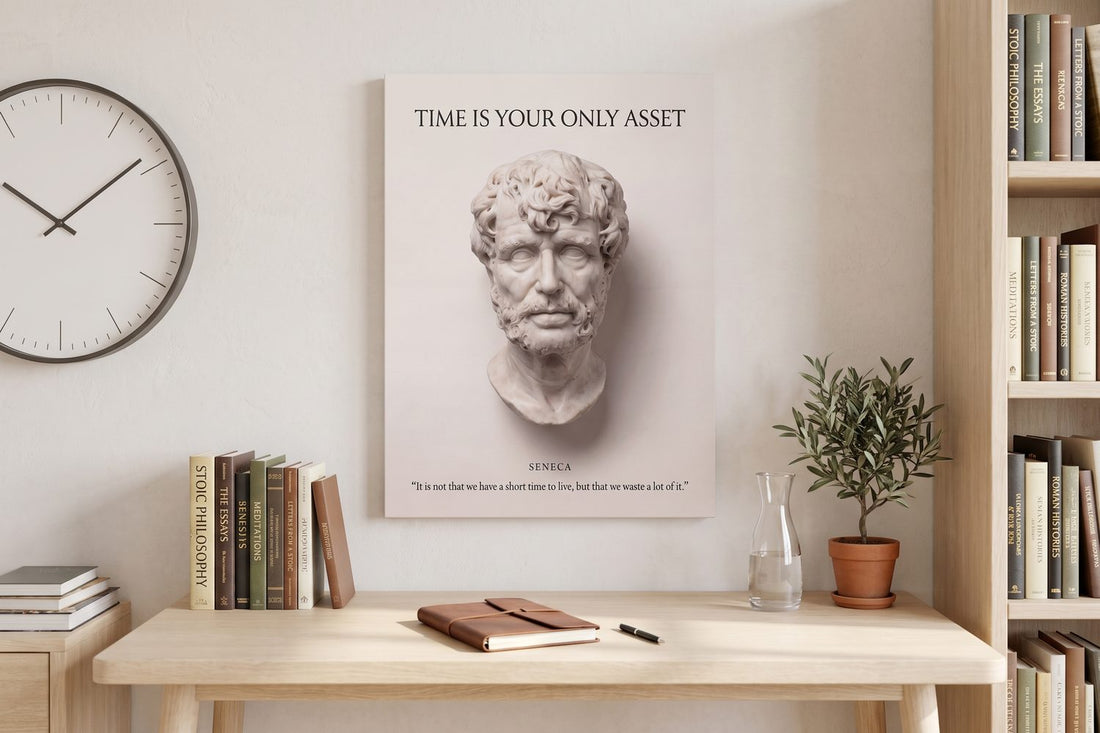 Seneca quotes on time: a Seneca Time Is Your Only Asset canvas in a limewashed study with a wall clock and olive plant